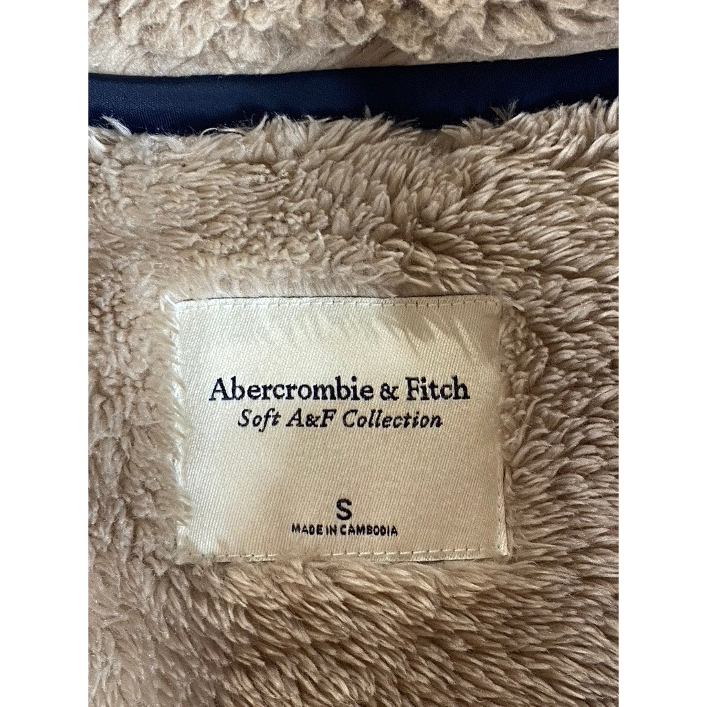 ABERCROMBIE & FITCH Women's Tan/Navy Faux Sherpa Quarter-Zip Sweater SZ S