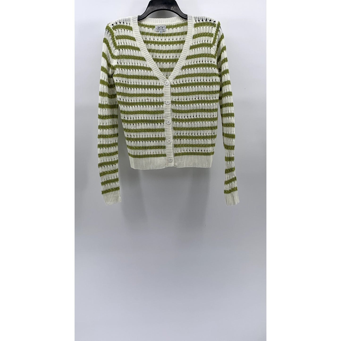 ANNA KAY Women's White-Green Knit Striped Button-Up Long Sleeve Cardigan SZ M