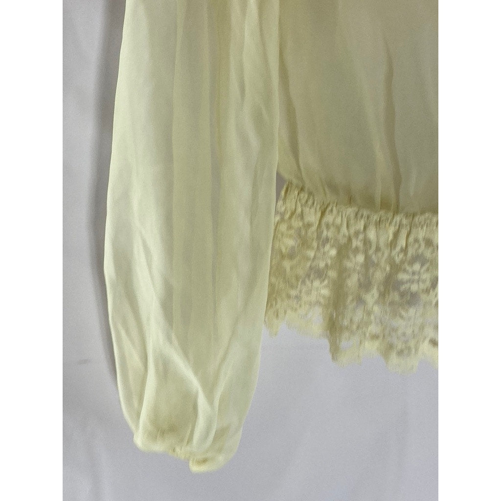UNBRANDED Women's Cream Sheer Ruffle Lace Trim Long Sleeve Blouse SZ M