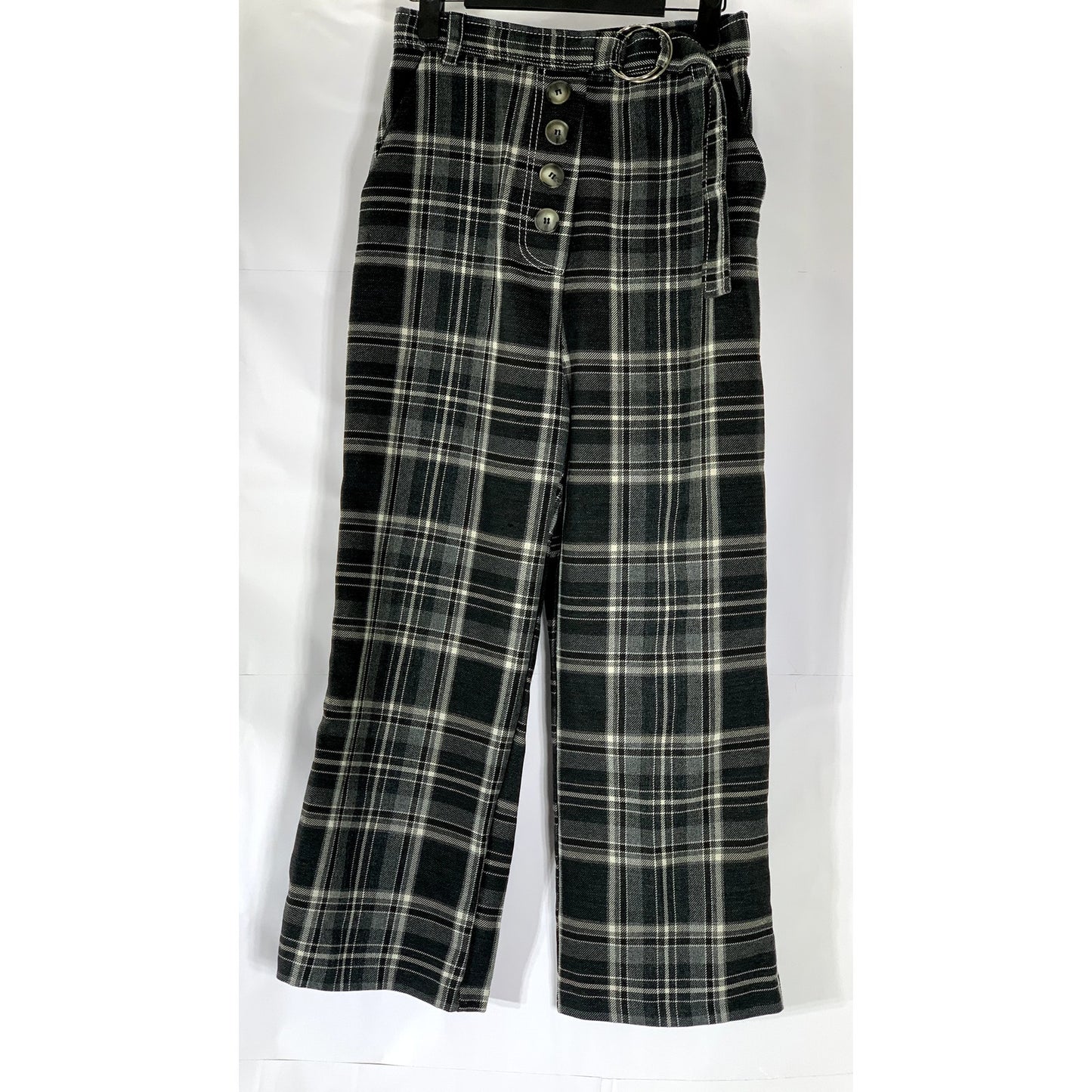 TOPSHOP Women's Black-White Plaid Button-Front Belted Straight-Leg Pant SZ 6