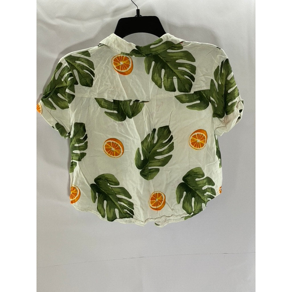 FOREVER 21 Women's Off-White Tropical Button-Up Pocket Short Sleeve Top SZ S