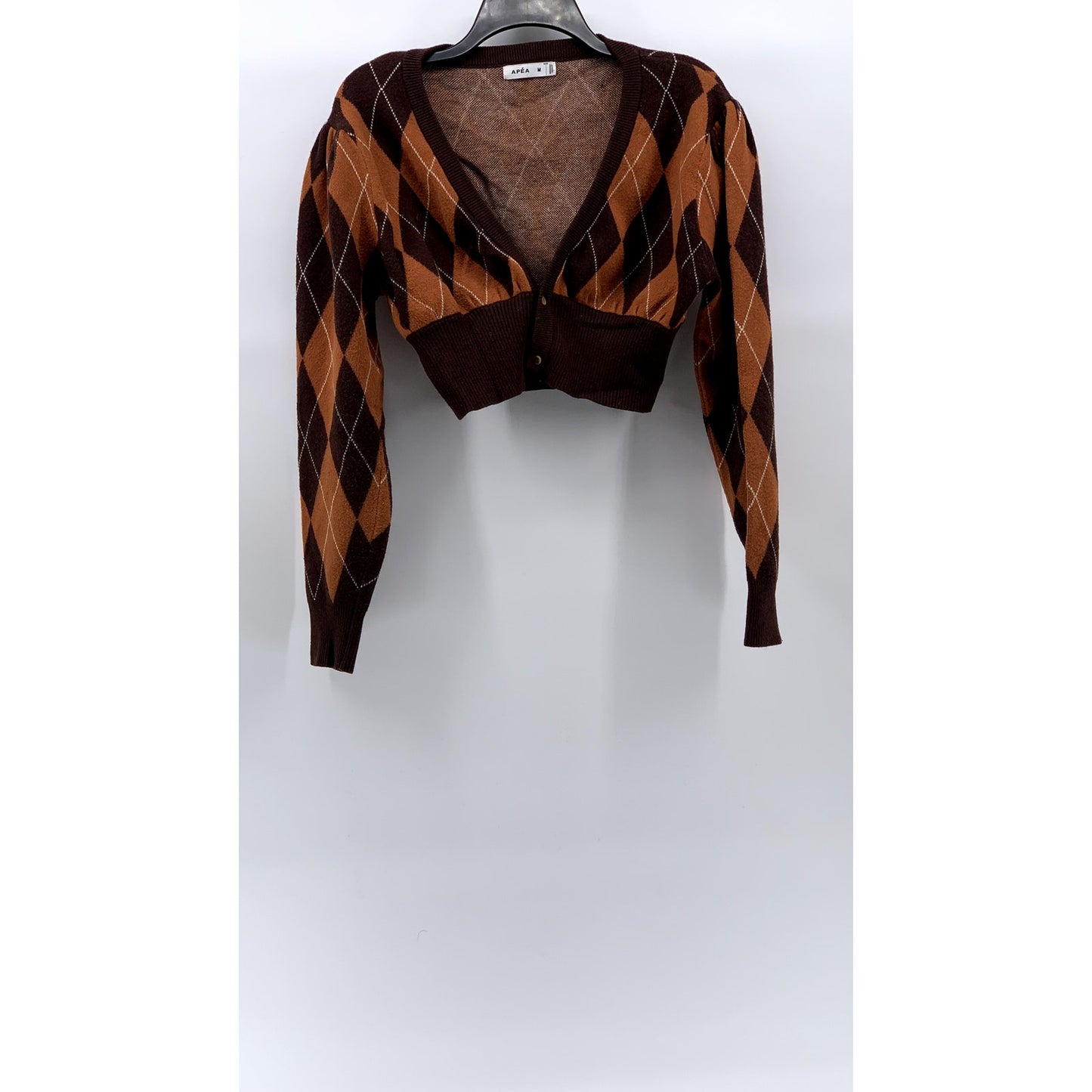 APEA Women's Brown-Orange Plaid Puff Long Sleeve Cropped Cardigan SZ M