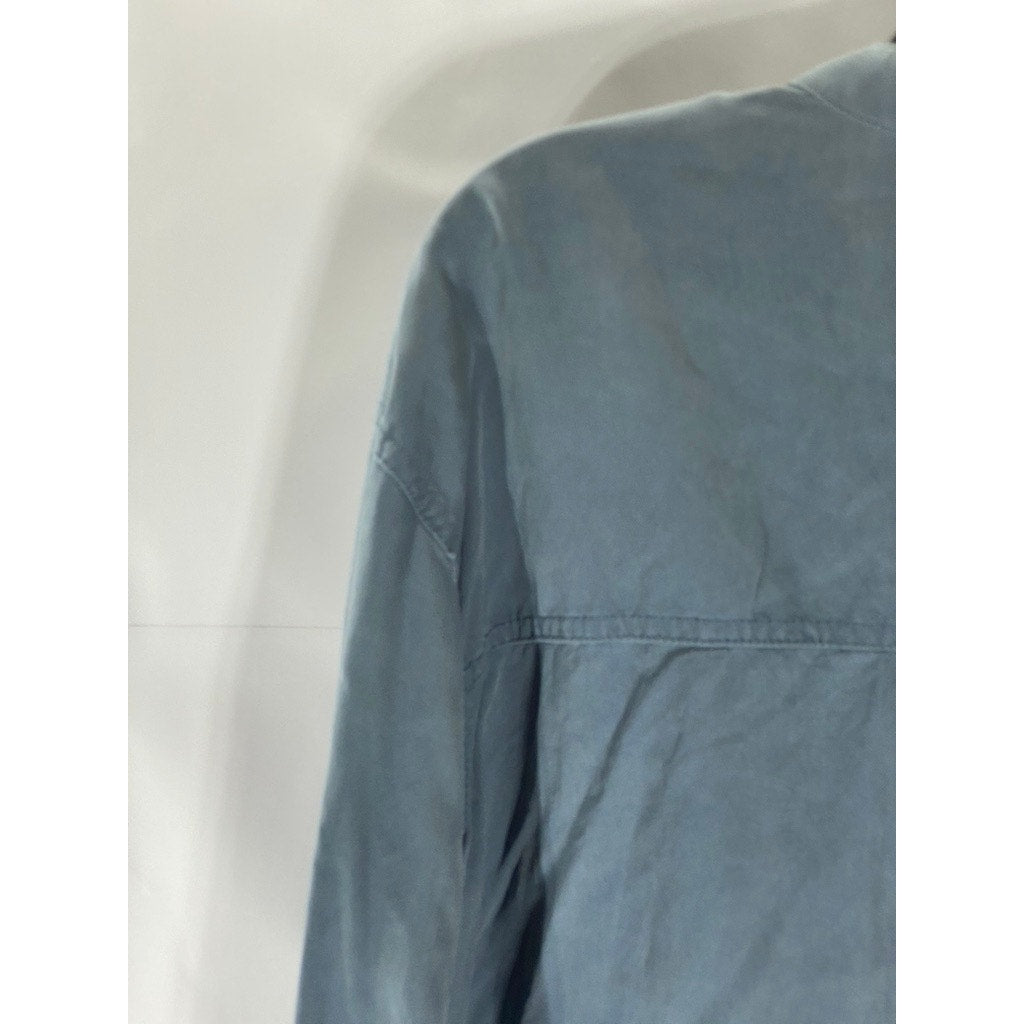 EVERLANE Women's Blue Washable Silk Long Sleeve Henley Patch Pocket Top SZ 2