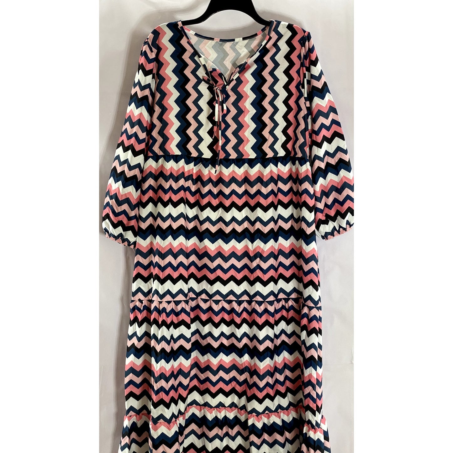 UNBRANDED Women's Pink/Black/White Zig-Zag Tie-Neck 3/4 Sleeve Midi Dress SZ XL