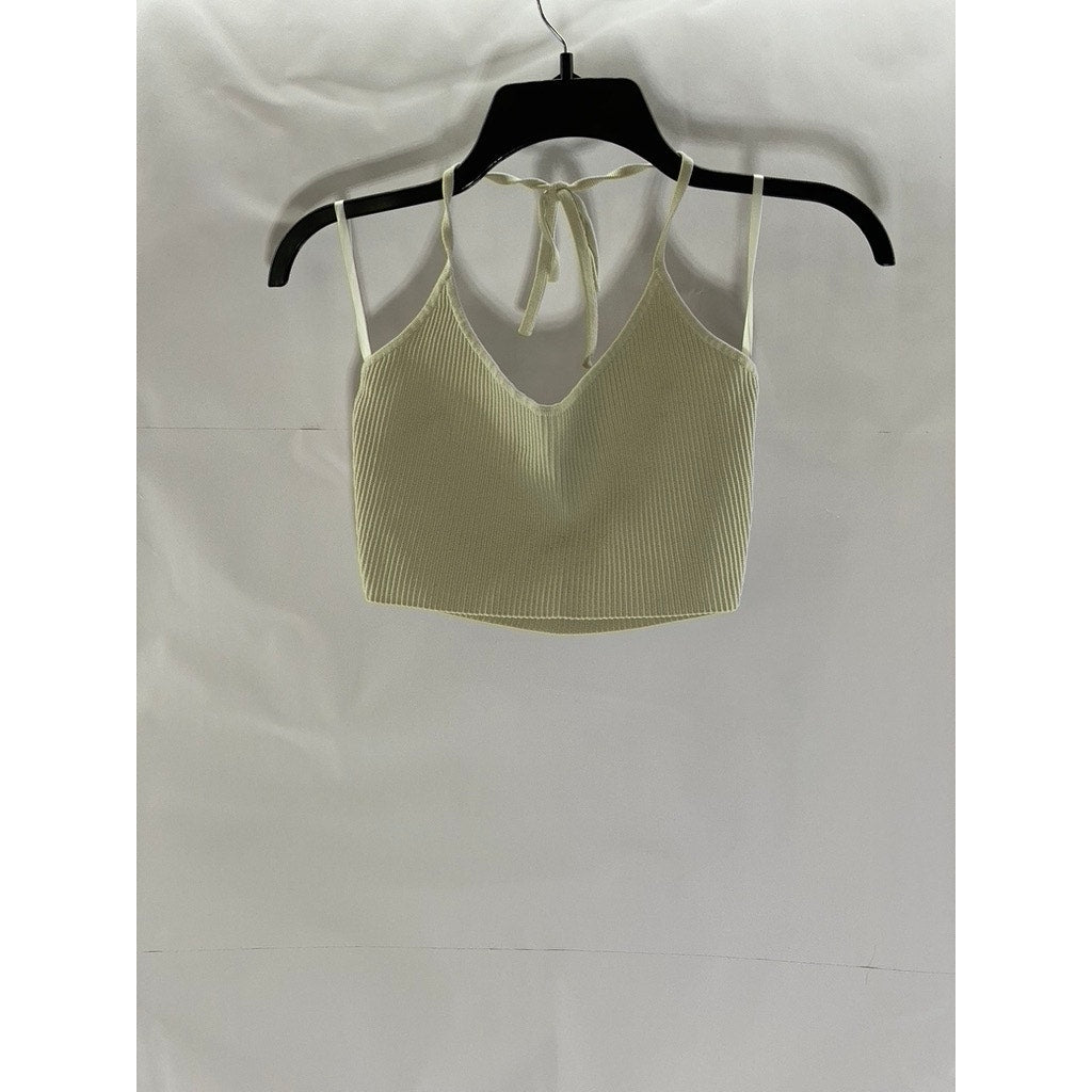 BABATON Women's Tan Ribbed Tie-Neck Halter Scoop-Neck Crop Top SZ S