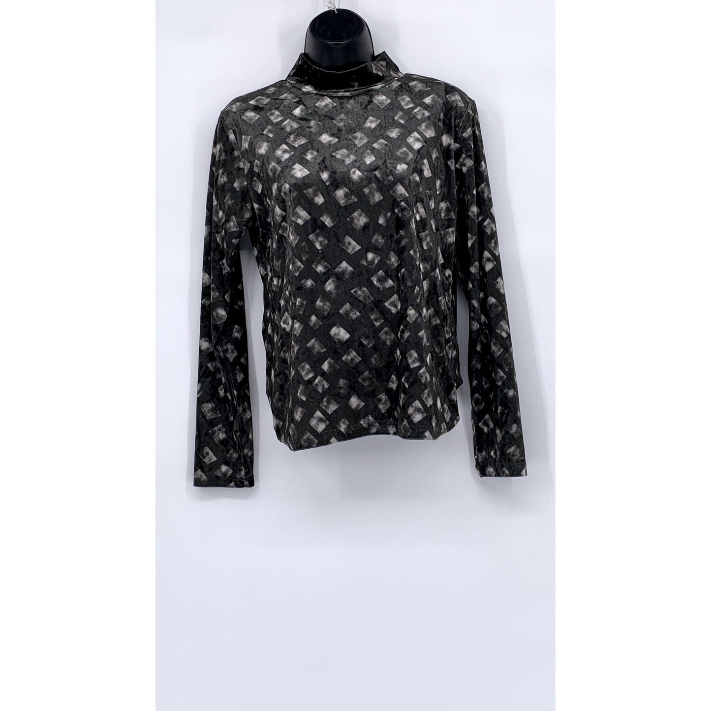 NOVELIA Women’s Charcoal Gray Printed Velvet Long Sleeve Turtleneck Top SZ M
