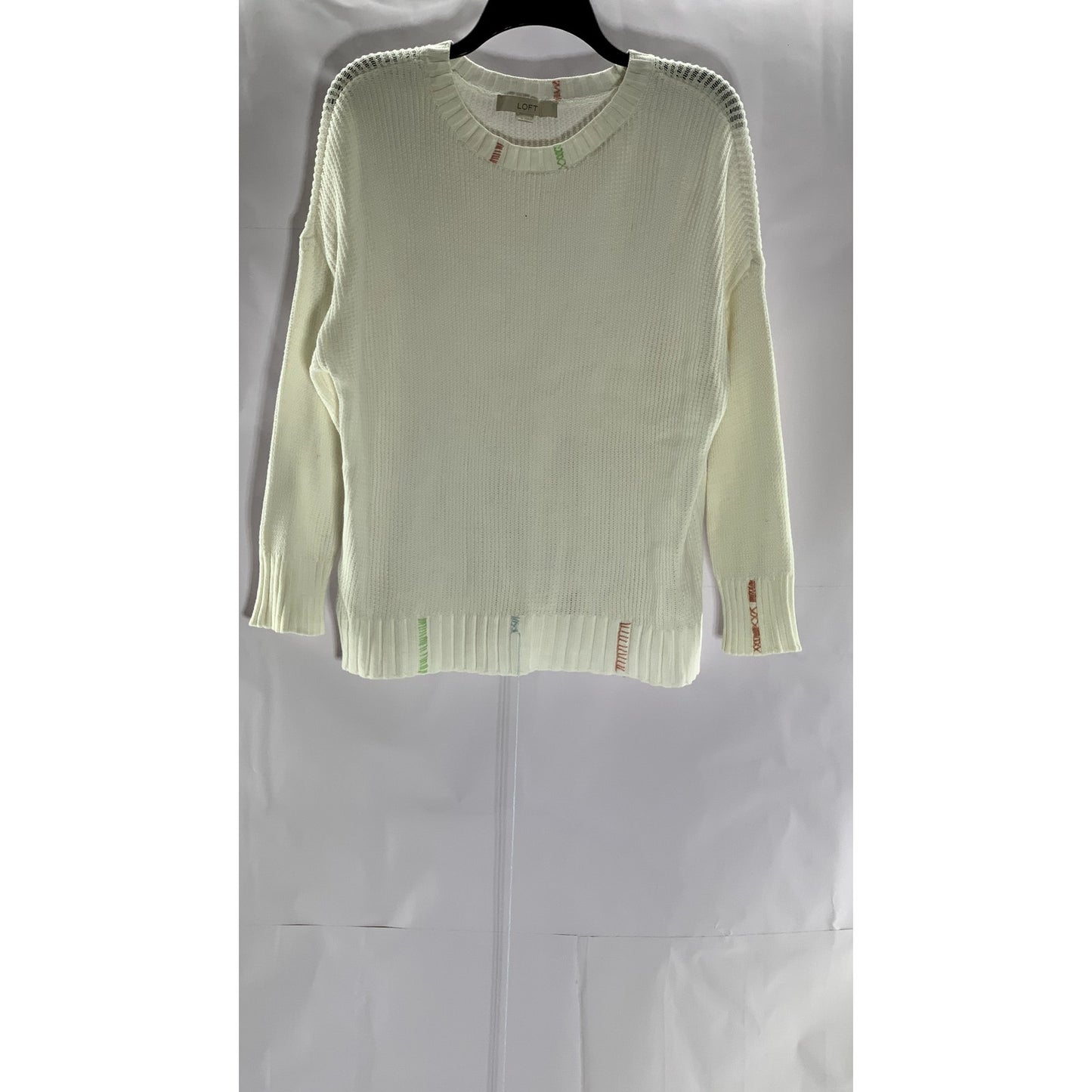LOFT Women's White Knit Crewneck Elliptical Hem Pullover Sweater SZ XL