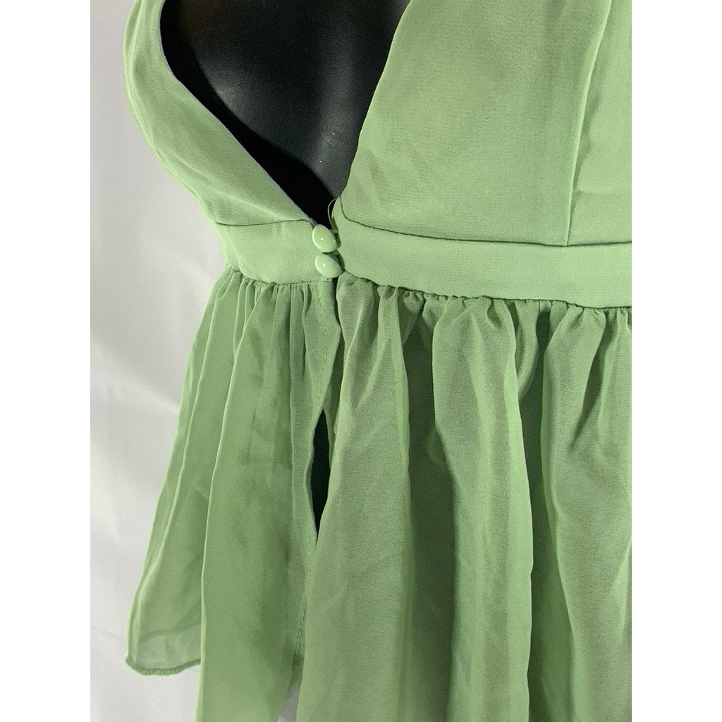 SHEIN Women's Green Two-Button Sheer Ruffle-Hem V-Neck Spaghetti Strap Top SZ L