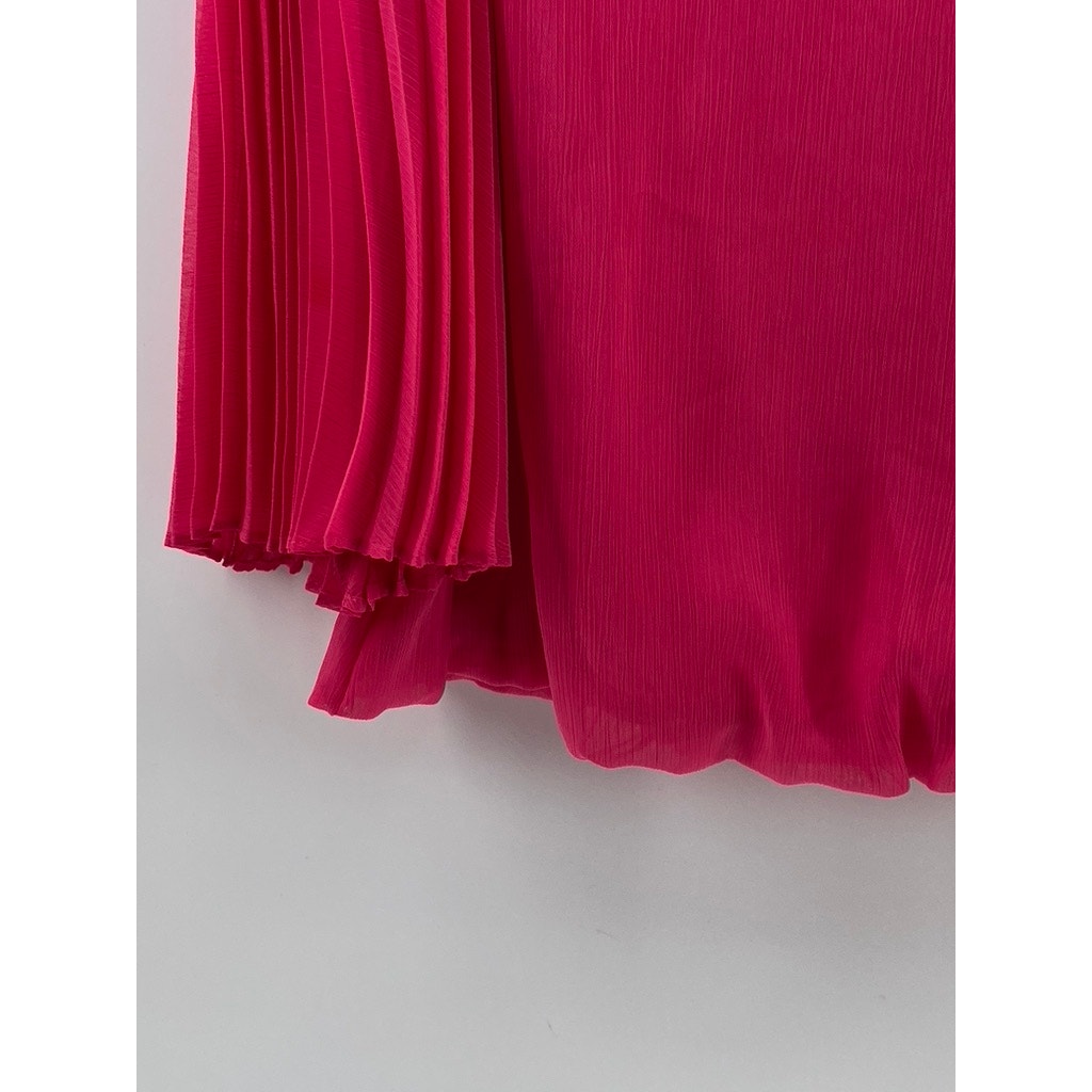 ALFANI Women's Pink Scoop-Neck Pleated Sheer Long Sleeve Bubble-Hem Top SZ 8