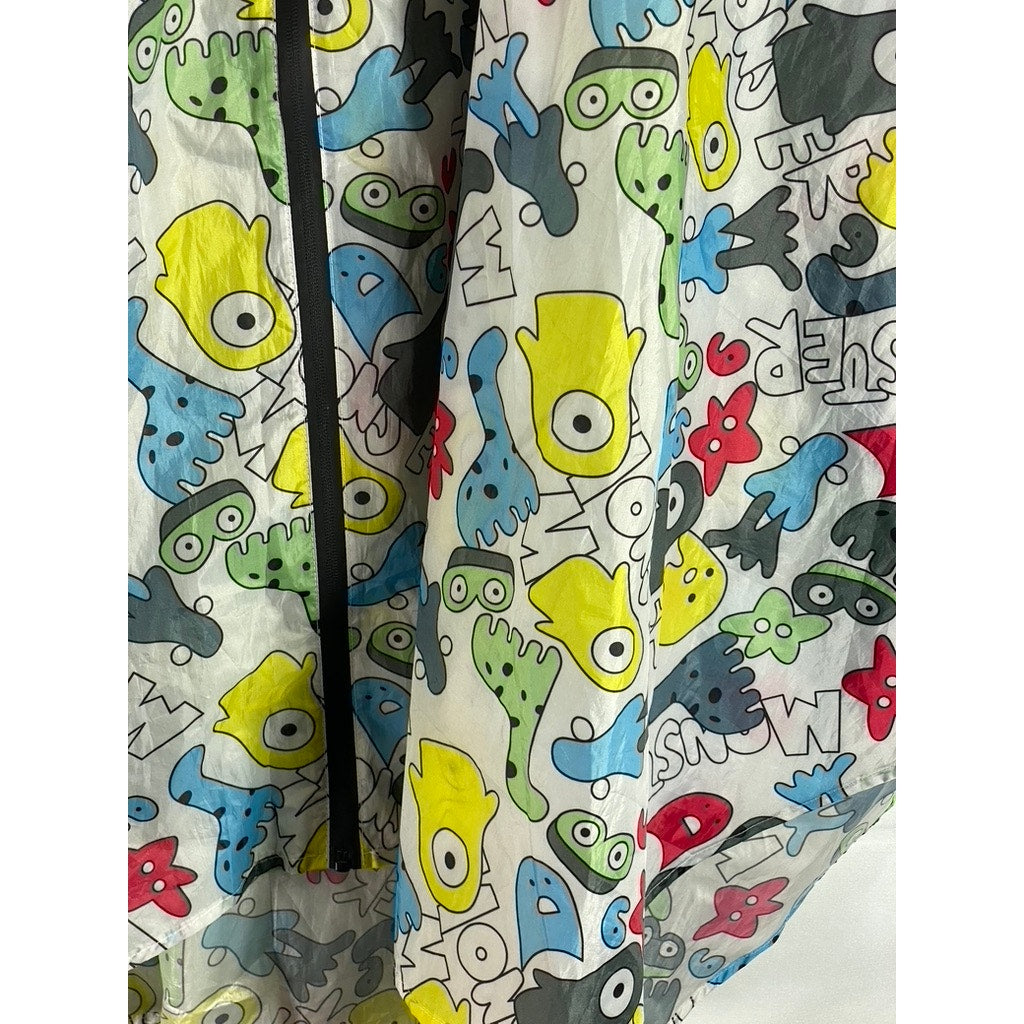 SAPHIROSE Unisex White Multicolor Monster Printed Zip-Up Hooded Rain Poncho SZXL