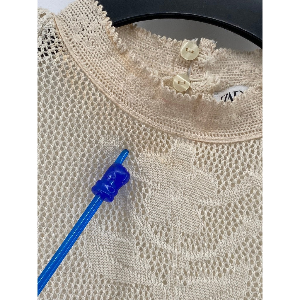 ZARA Women's Beige Knit Floral Sleeveless Pullover Top SZ S