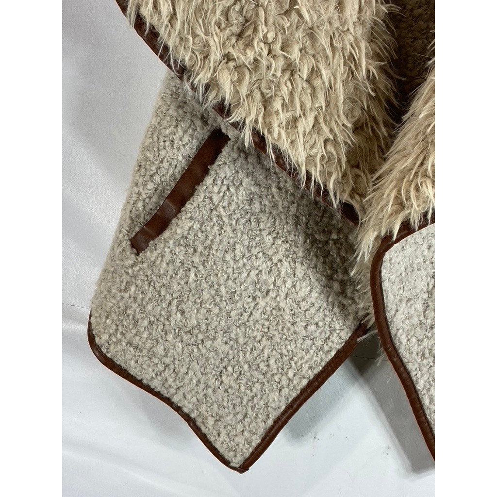 LOVE TREE Women's Beige/Brown Faux-Fur Sherpa Open-Front Vest SZ M