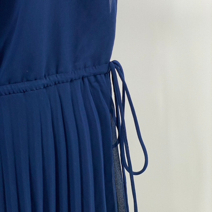 ASOS DESIGN Women's Dark Blue V-Neck Tie-Waist Pleated Midi Dress SZ 10