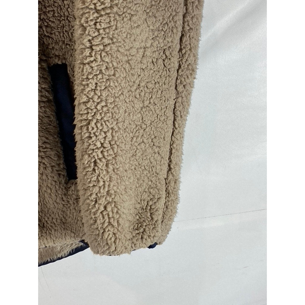 ABERCROMBIE & FITCH Women's Tan/Navy Faux Sherpa Quarter-Zip Sweater SZ S