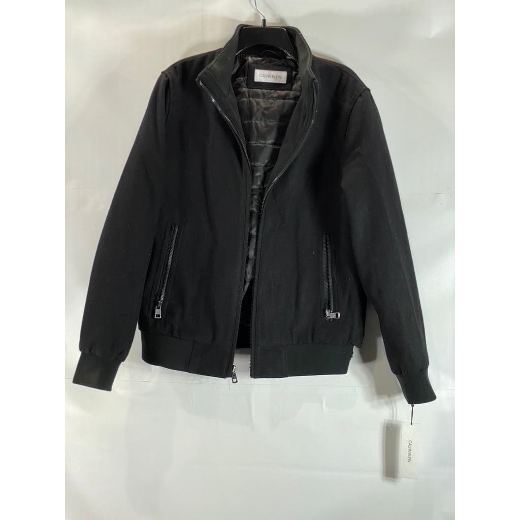 CALVIN KLIEN Men's Black Wool-Blend Knit-Trim Bomber Zip-Up Jacket SZ S