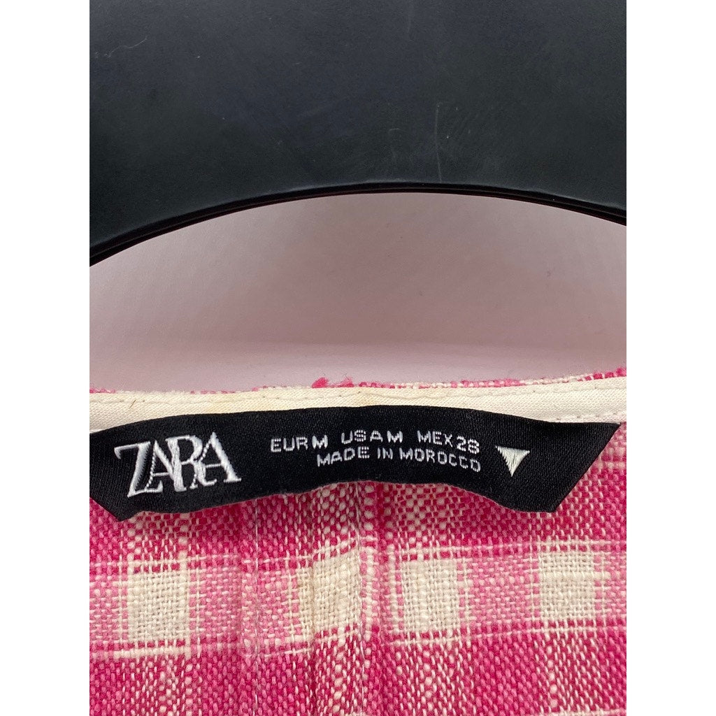 ZARA Women’s Pink Gingham Button-Up Straight Neck Long Sleeve Crop Top SZ M