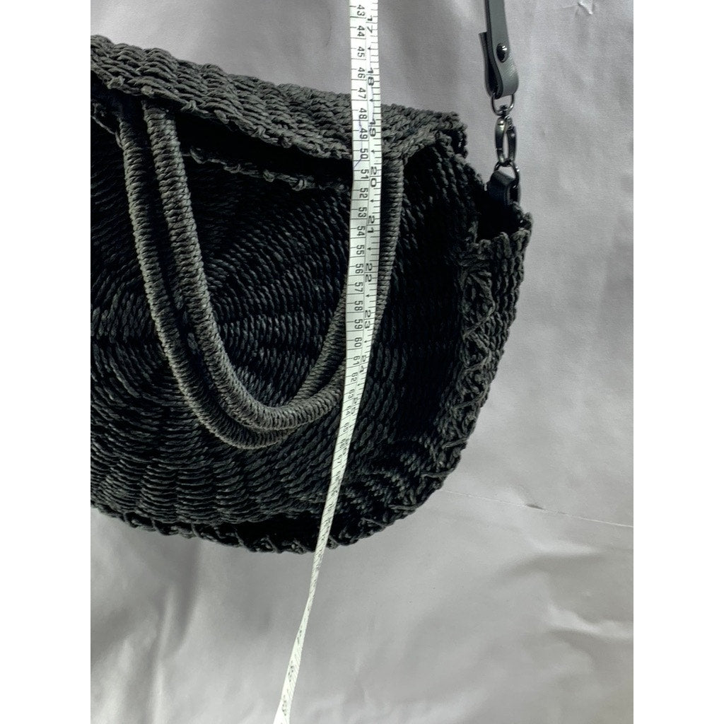 ABERCROMBIE & FITCH Women's Black Straw Woven Round Snap-Button Tote Bag