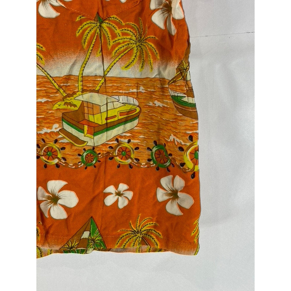 WOMEN'S Orange Tropical Floral Sailboat Print Button-Up Short Sleeve Top SZ 2XL