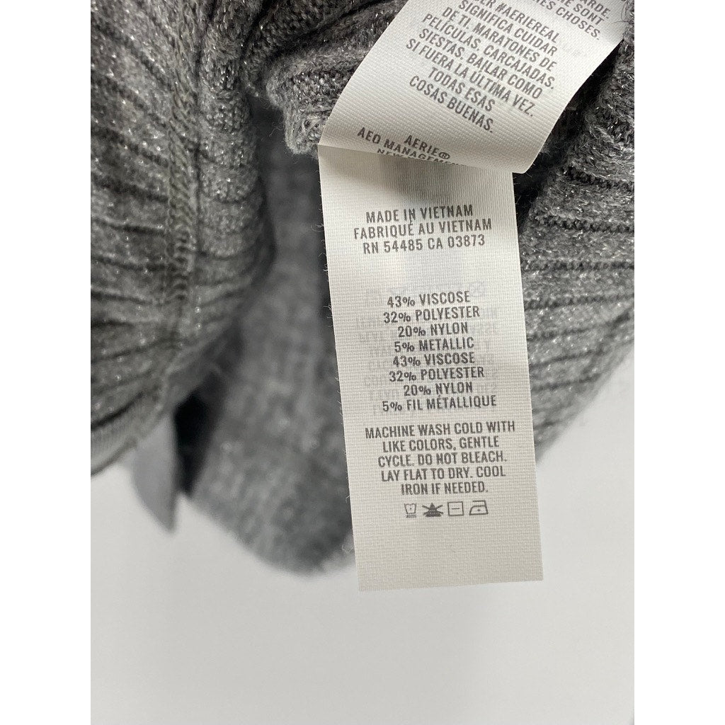 AERIE Women’s Heather Gray Ribbed Long Sleeve Button-Up Top SZ L