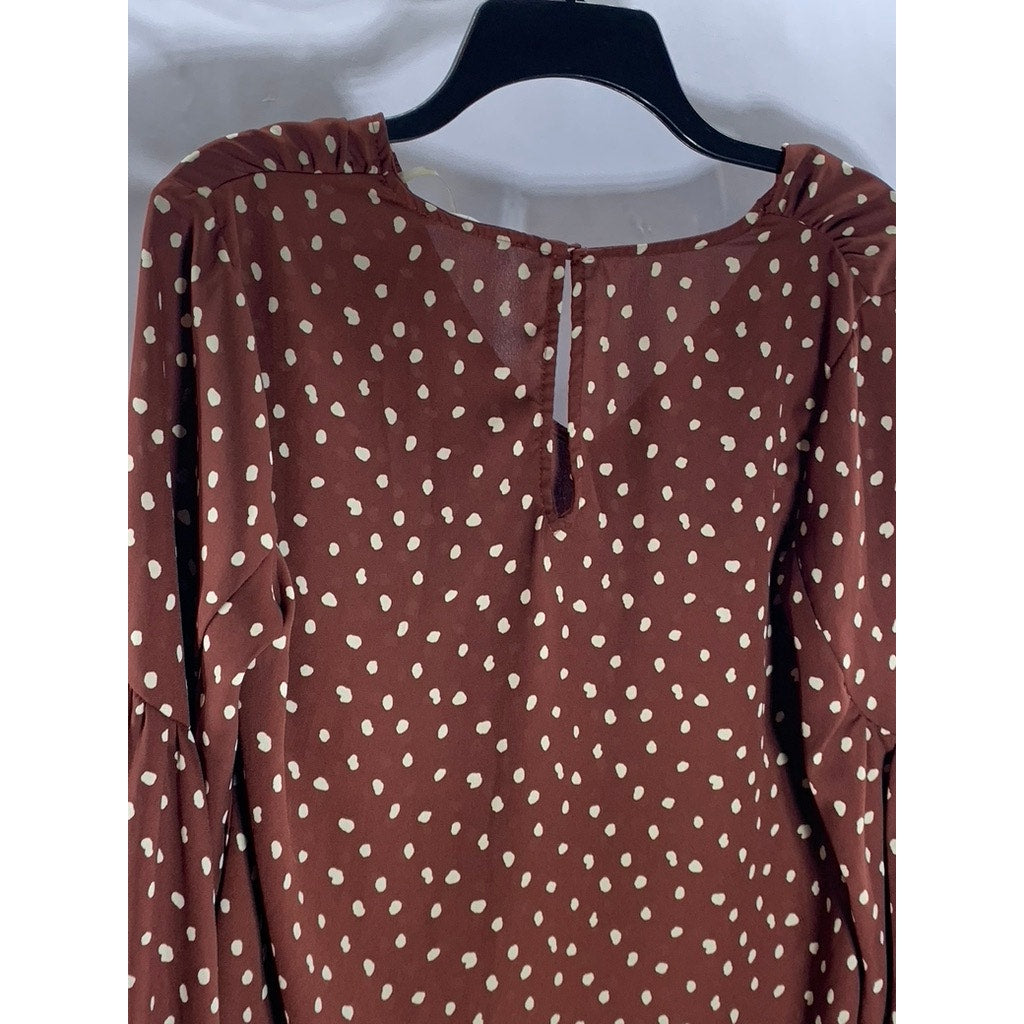 ALL IN FAVOR Women's Dark Brown/White Polka Dot V-Neck Long Sleeve Top SZ S