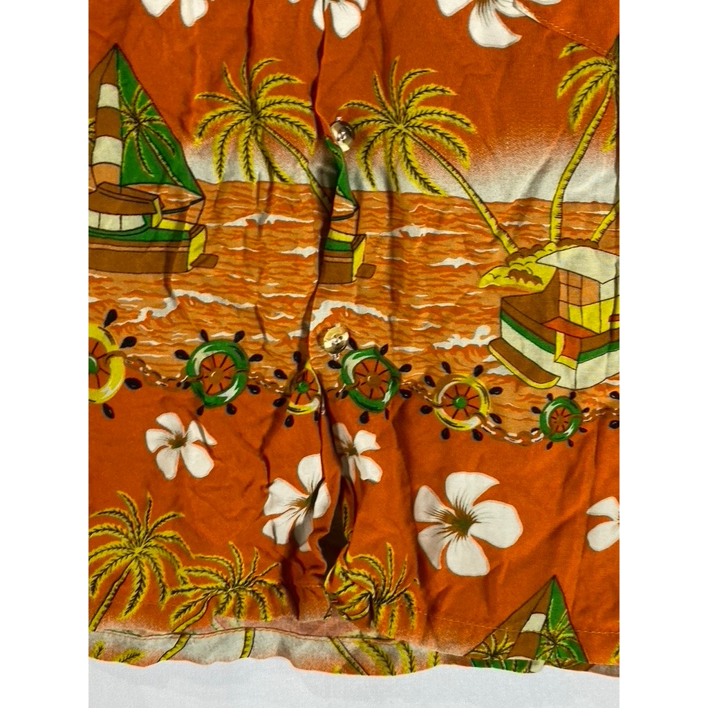 WOMEN'S Orange Tropical Floral Sailboat Print Button-Up Short Sleeve Top SZ 2XL