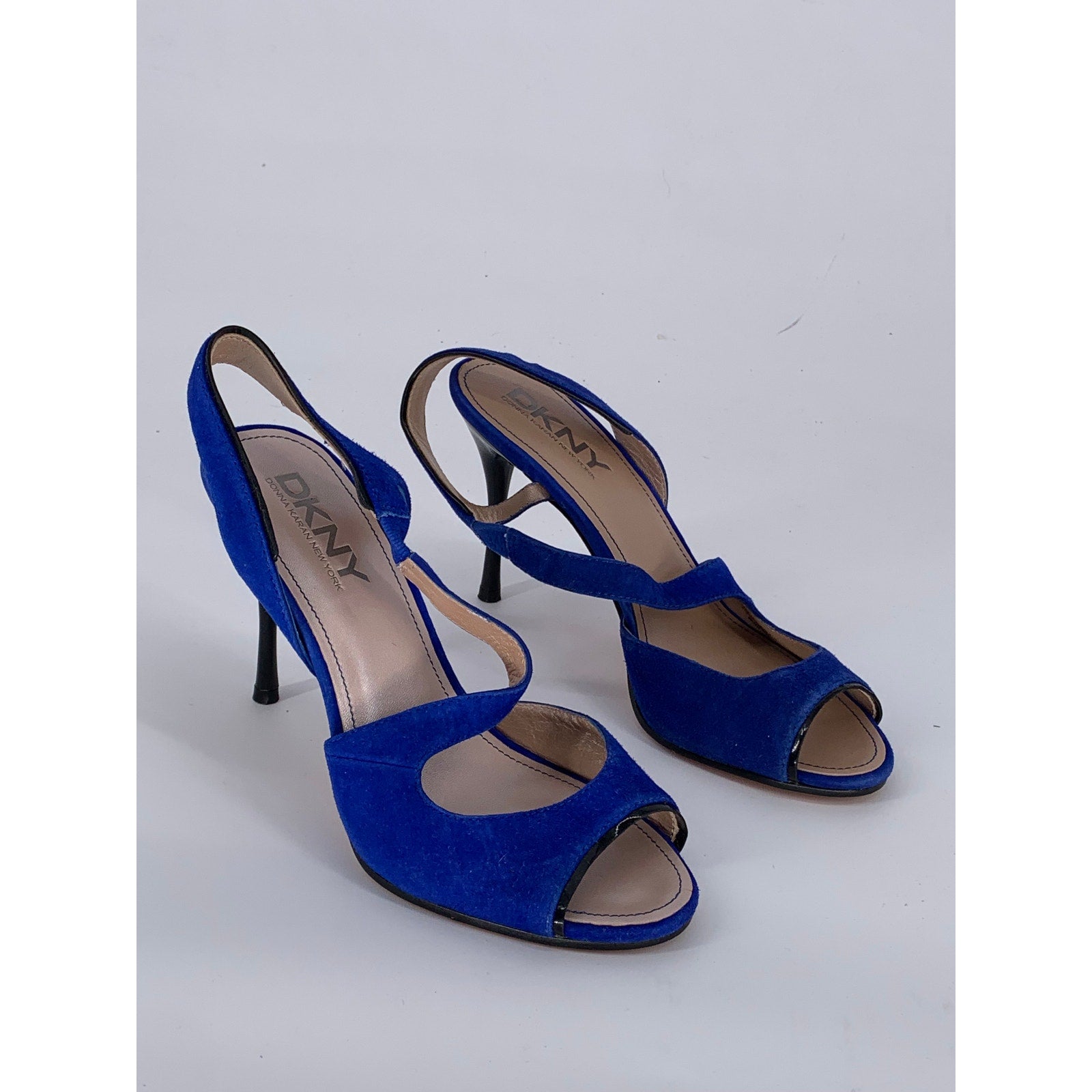 DKNY Women's Cobalt Blue Suede Leather Open-Toe Ankle Strap Stiletto Heels SZ 7