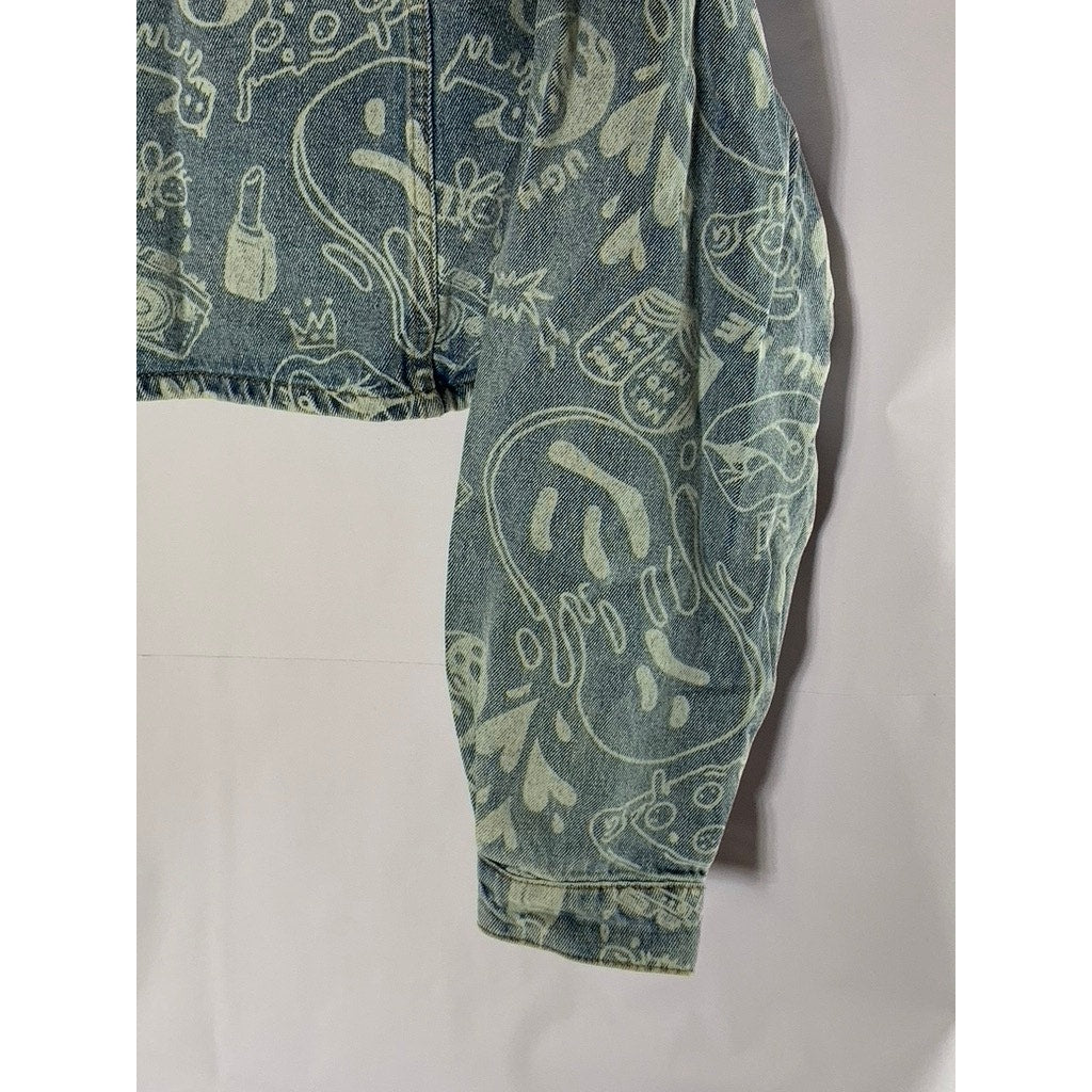 EDIKTED Women's Blue Malia Print Denim Long Sleeve Button-Up Cropped Jacket SZXS