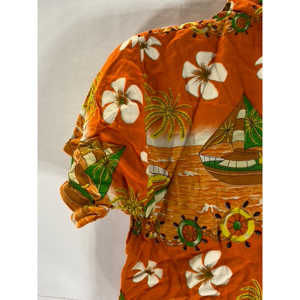 WOMEN'S Orange Tropical Floral Sailboat Print Button-Up Short Sleeve Top SZ 2XL