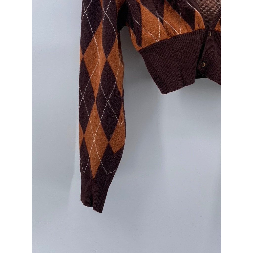 APEA Women's Brown-Orange Plaid Puff Long Sleeve Cropped Cardigan SZ M