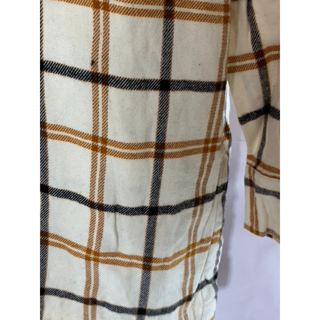 MADEWELL Women's Cream Plaid Flannel Oversized Button-Up Boyfriend Top SZ L