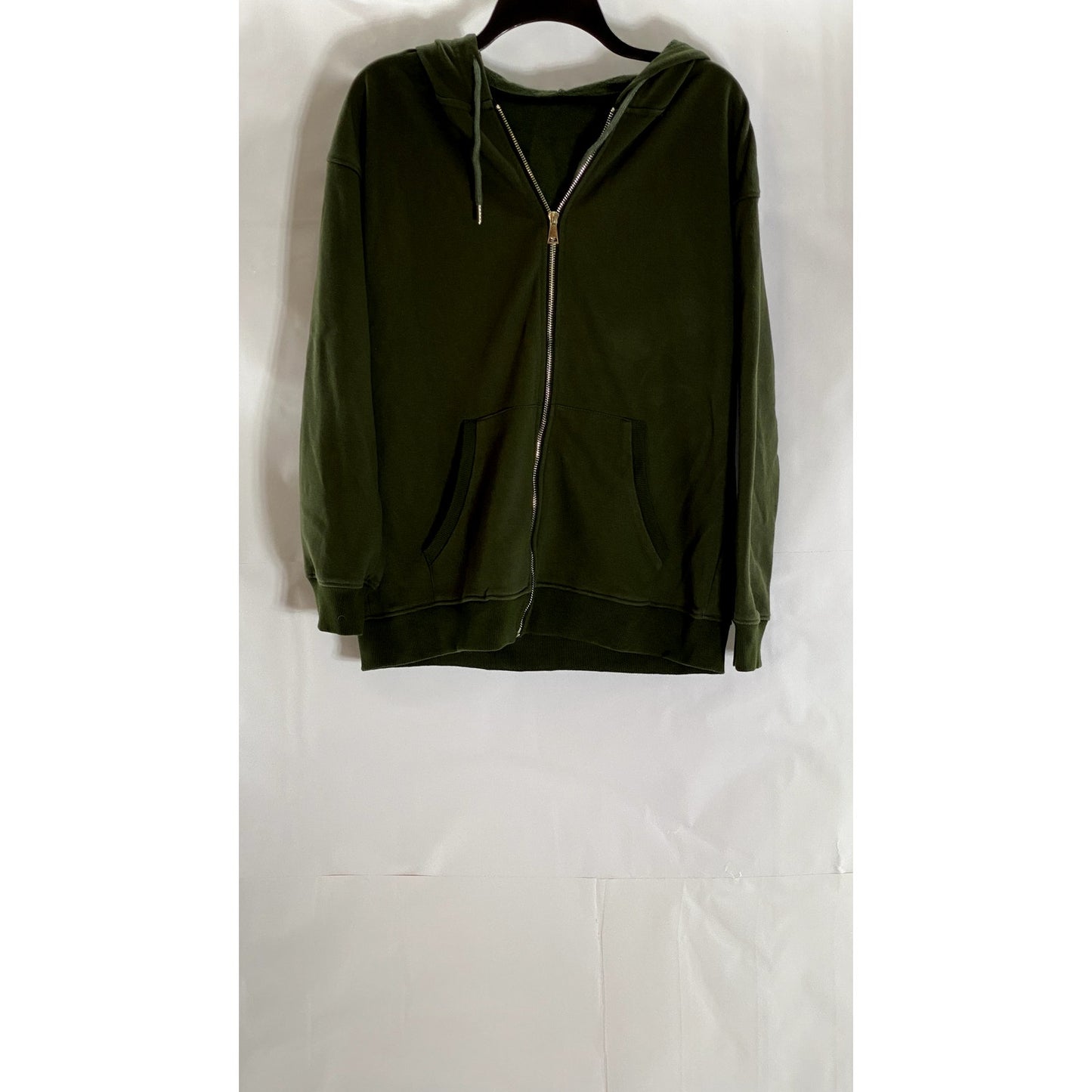 UNBRANDED Women's Army Green Solid Casual Zip-Up Hooded Sweater SZ L