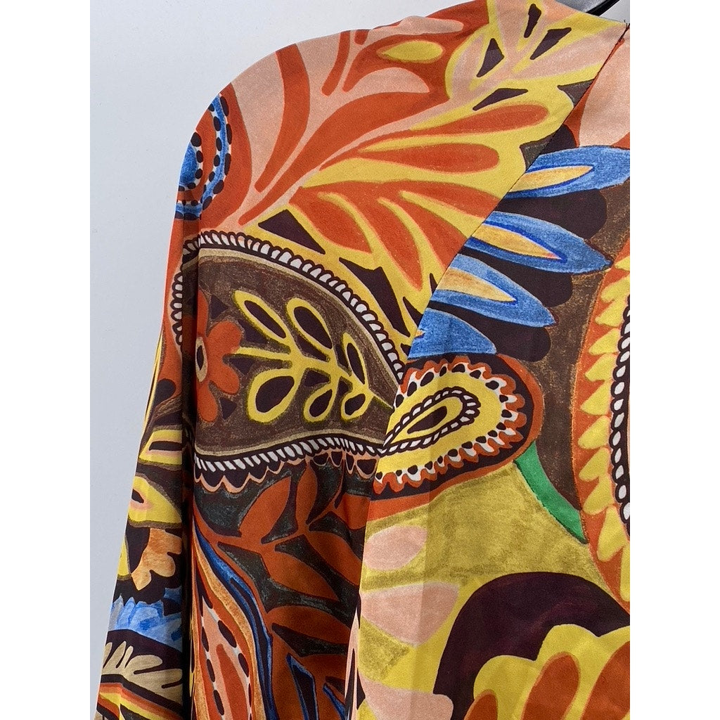 ZARA Women's Black-Multi Printed V-Neck Wrap Long Sleeve Top SZ M