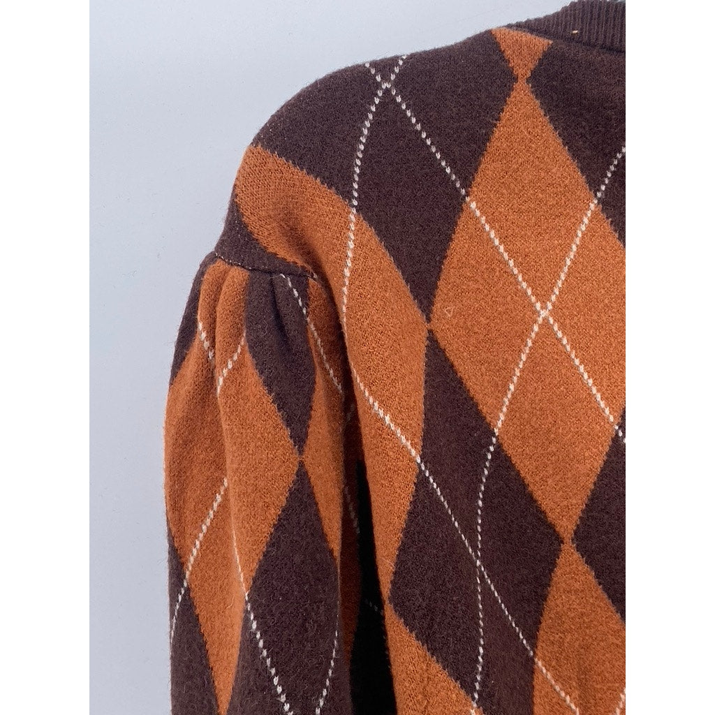 APEA Women's Brown-Orange Plaid Puff Long Sleeve Cropped Cardigan SZ M