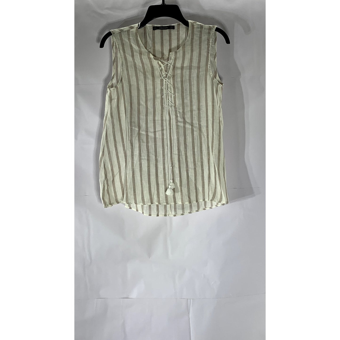 ZARA BASIC Women’s Beige Striped Tie-Neck Sleeveless Cotton-Linen Top SZ S