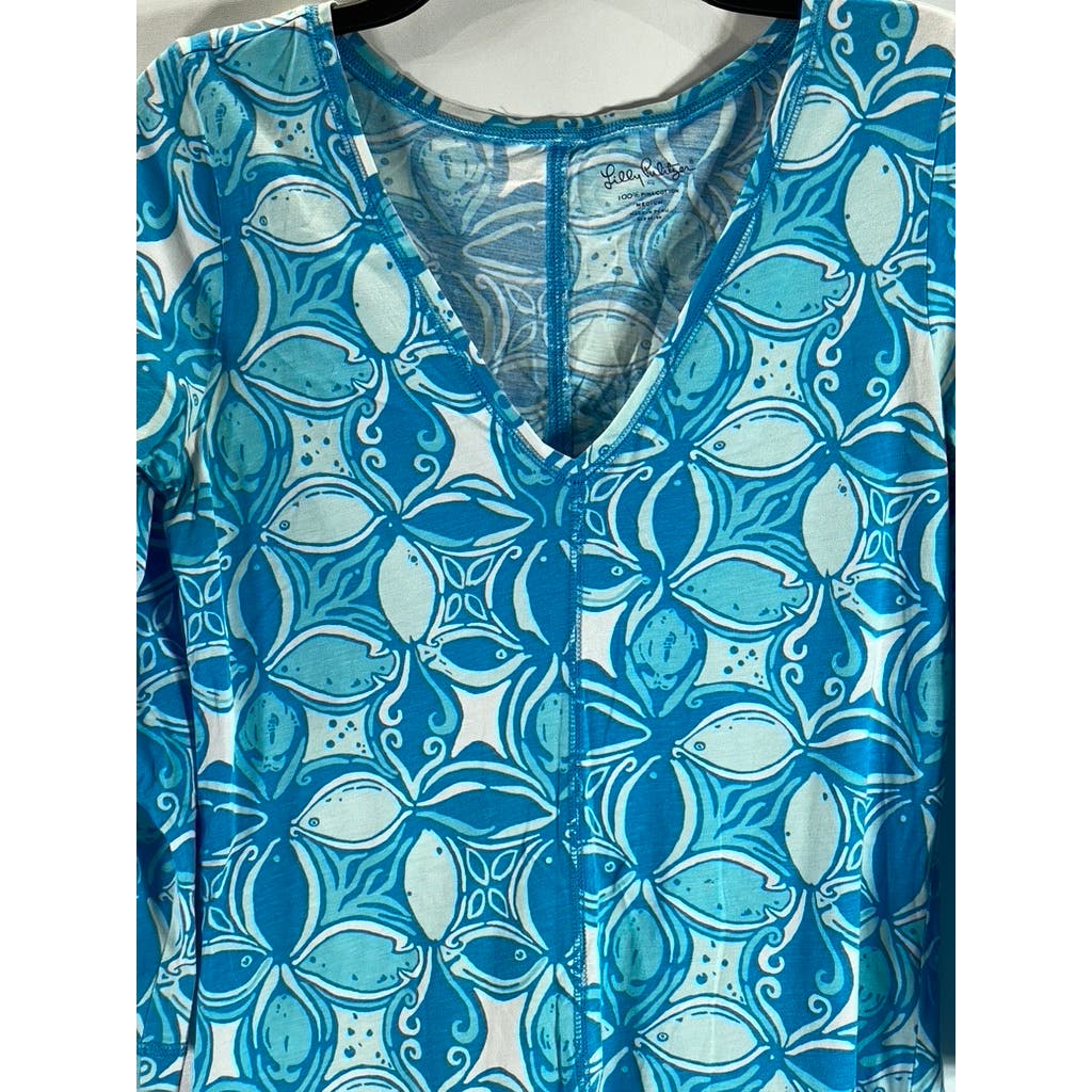 LILLY PULITZER Women's Blue Printed Juliet What A Racquet V-Neck Mini Dress SZ M
