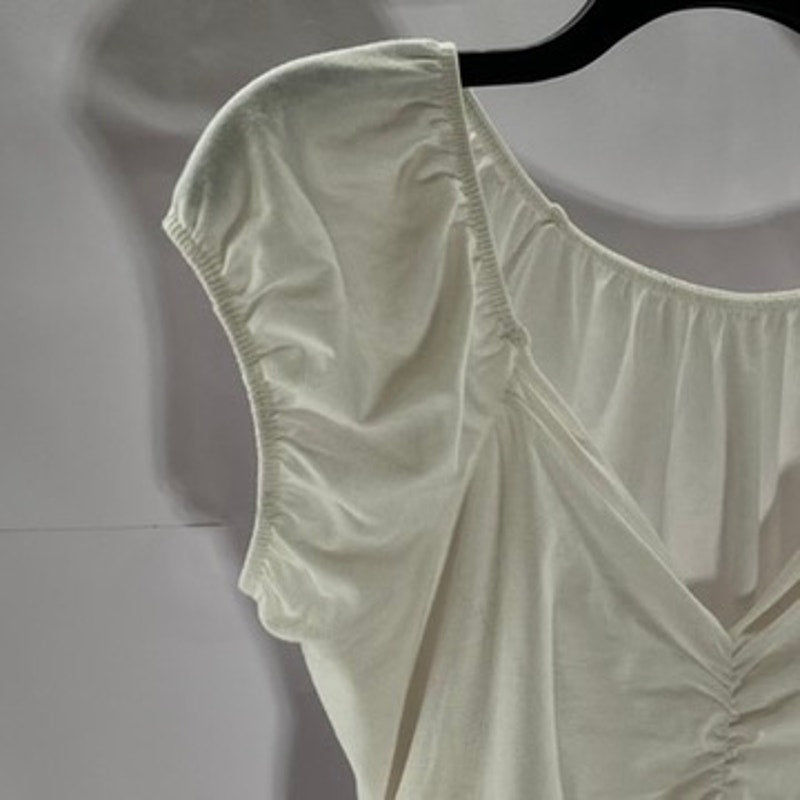 UNBRANDED Women's White Ruched V-Neck Tie-Back Short Sleeve Mini Dress SZ S