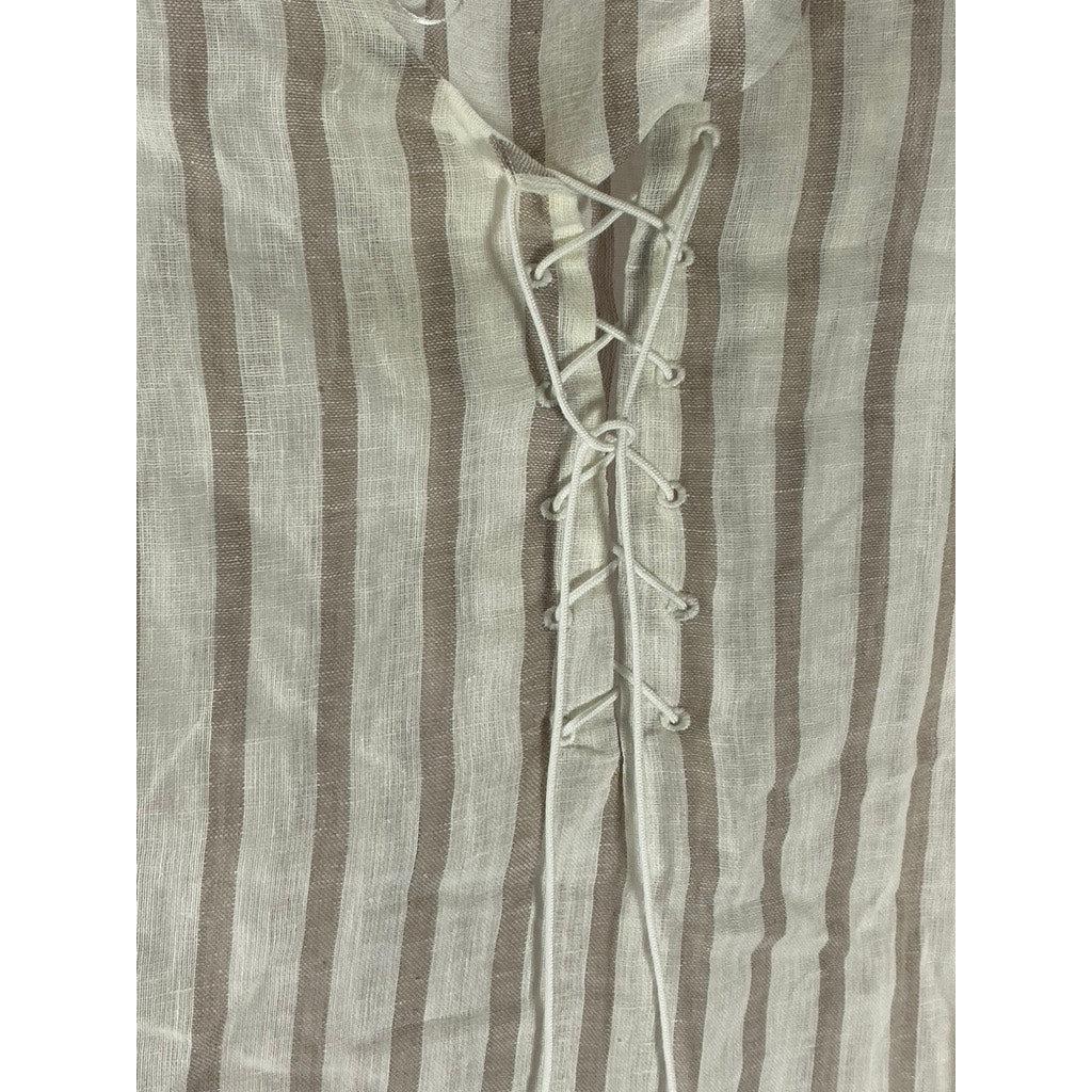 ZARA BASIC Women’s Beige Striped Tie-Neck Sleeveless Cotton-Linen Top SZ S