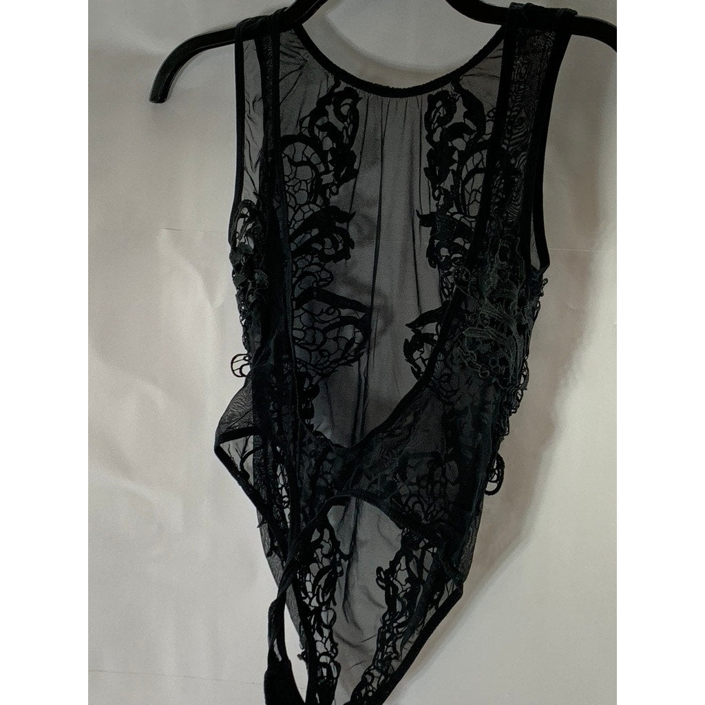 BLUEBELLA Women's Black Etienne Mesh Embroidered Lace Backless Bodysuit SZ M