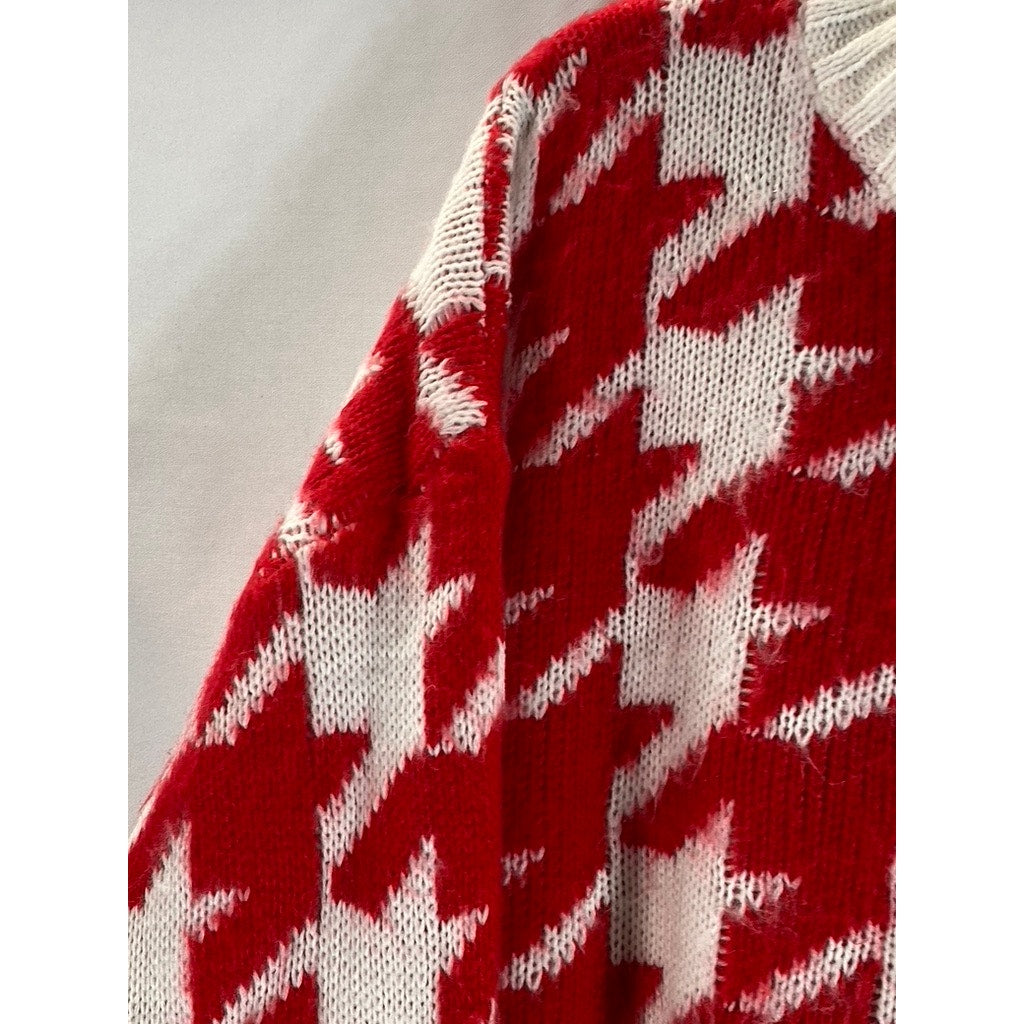 KLESIS Women's Cream/Red Houndstooth Crewneck Knit Cropped Sweater SZ M/L