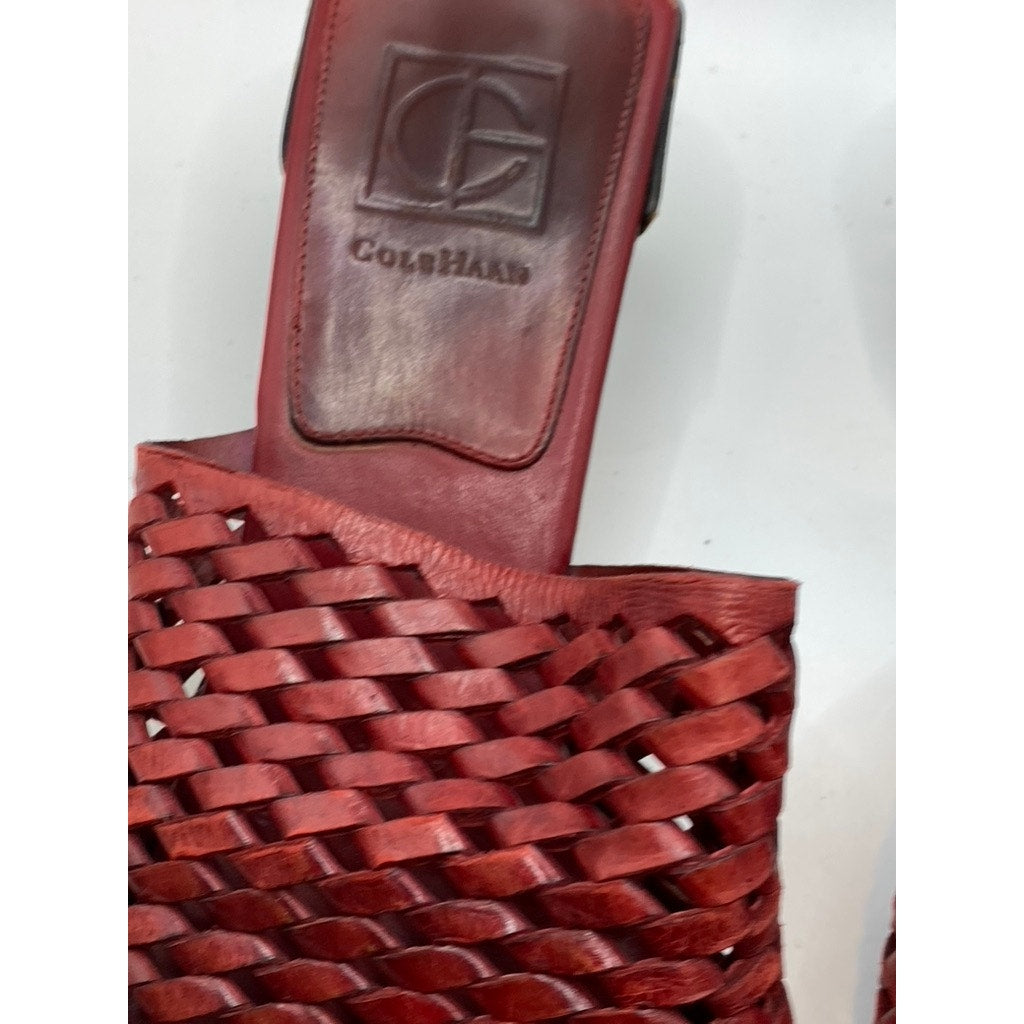 COLE HAAN Women's Red Leather Woven Square Open-Toe Block Heel Sandals SZ 8.5
