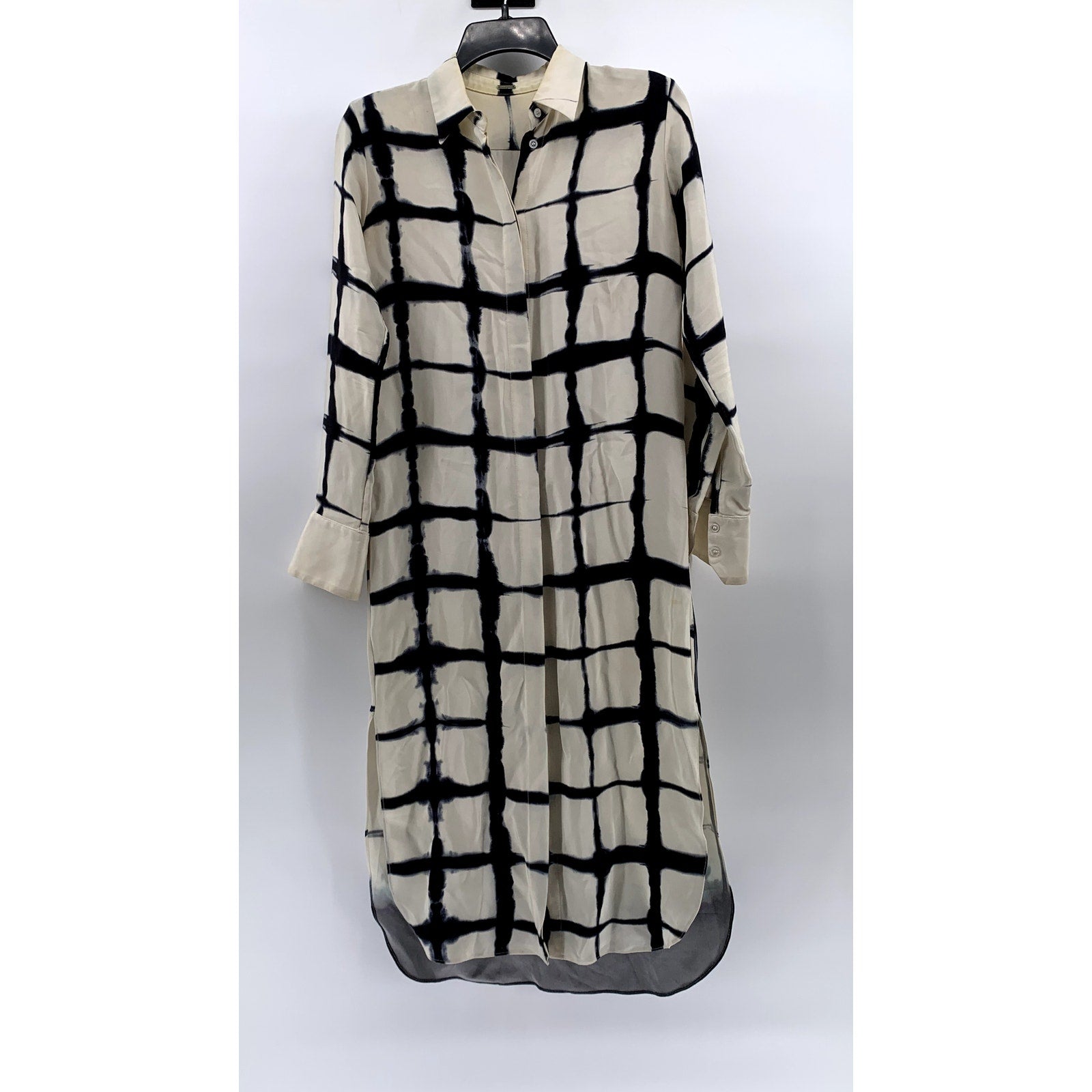 ADAM LIPPIES Women's Beige-Black Silk Printed Button-Up Tunic Top SZ 0