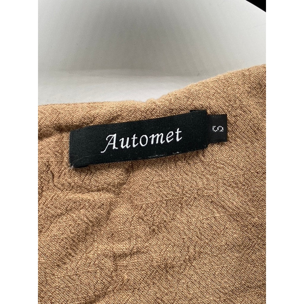 AUTOMET Women's Tan Linen-Blend Textured Straight-Neck Cropped Tank Top SZ S