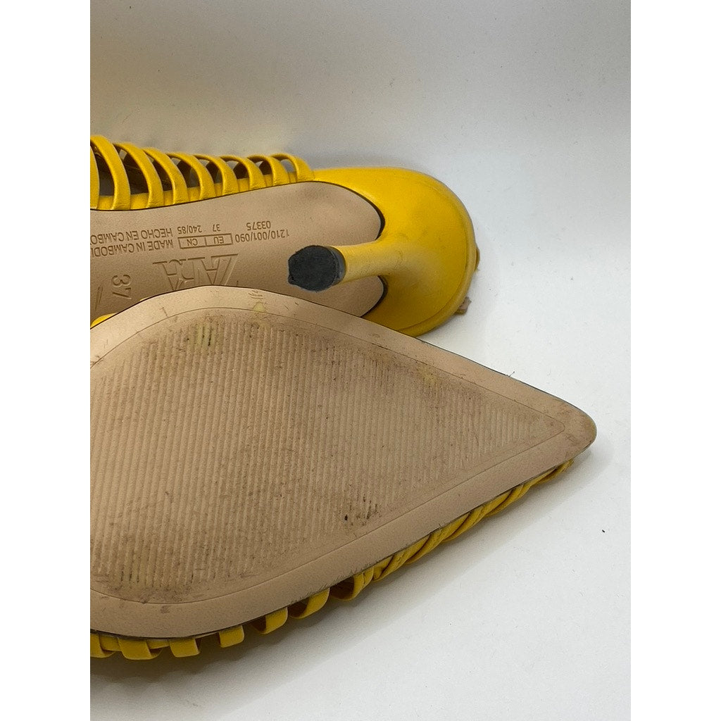 ZARA Women’s Mustard Yellow Cutout Strappy Pointed-Toe Slingback Heels SZ US6.5