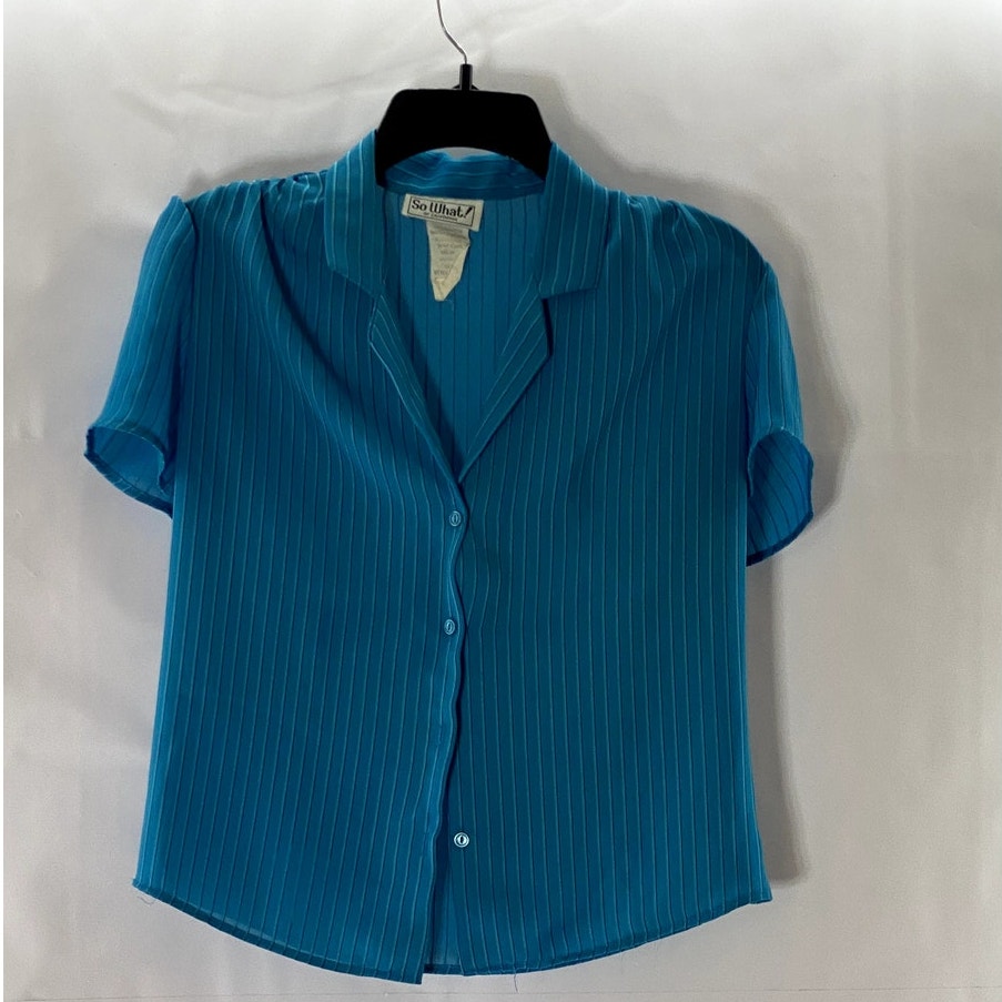 SO WHAT! Of California Women's Blue Striped V-Neck Button-Up Blouse SZ M