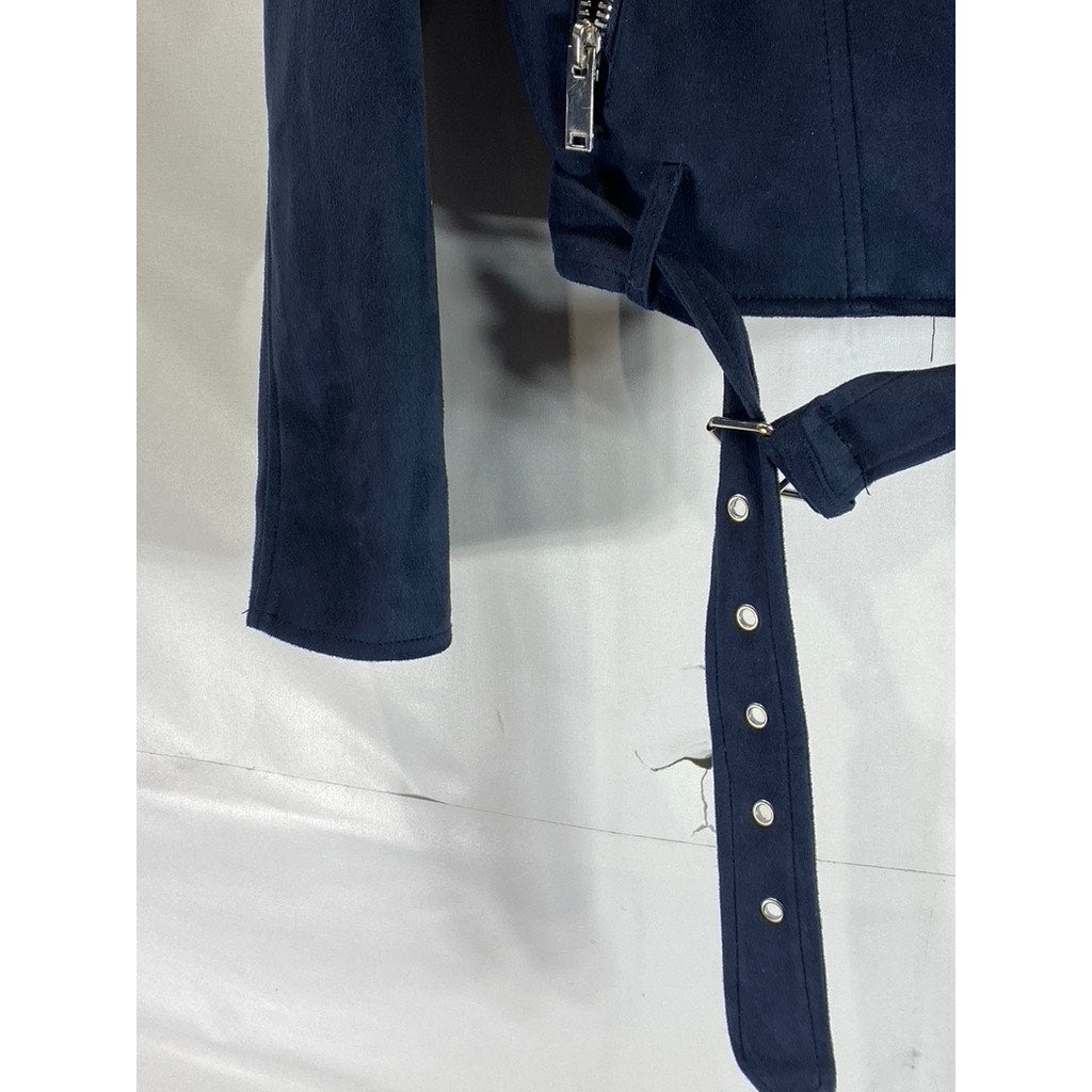 PRIMARK Women's Navy Asymmetrical Moto Faux Suede Buckle Biker Jacket SZ 8