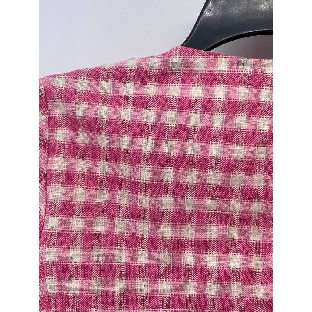 ZARA Women’s Pink Gingham Button-Up Straight Neck Long Sleeve Crop Top SZ M