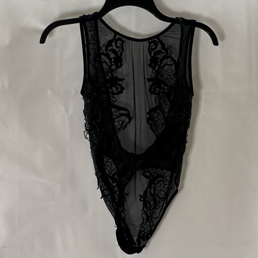 BLUEBELLA Women's Black Etienne Mesh Embroidered Lace Backless Bodysuit SZ M