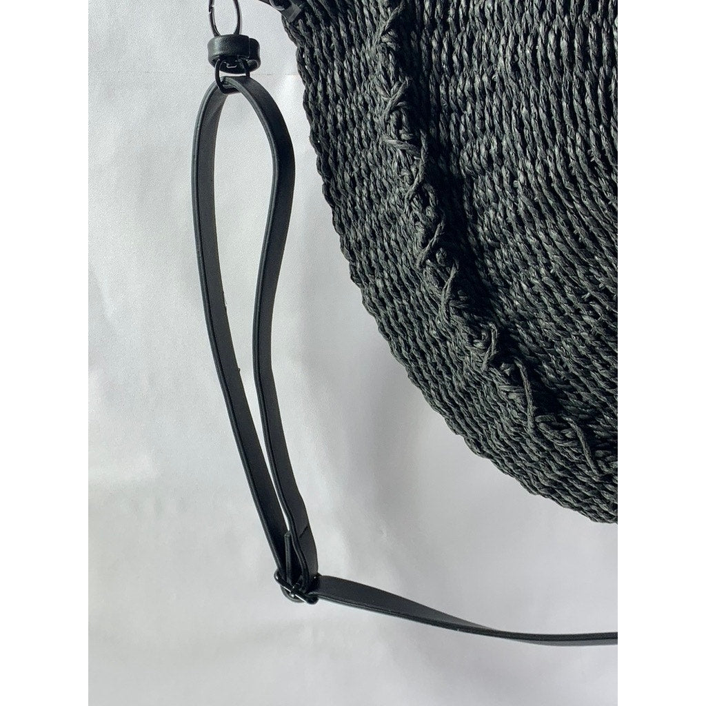 ABERCROMBIE & FITCH Women's Black Straw Woven Round Snap-Button Tote Bag