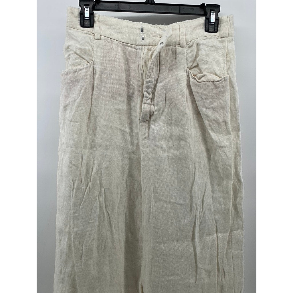 ZARA Women's White Linen Straight-Leg Relaxed-Fit Casual Pants SZ M