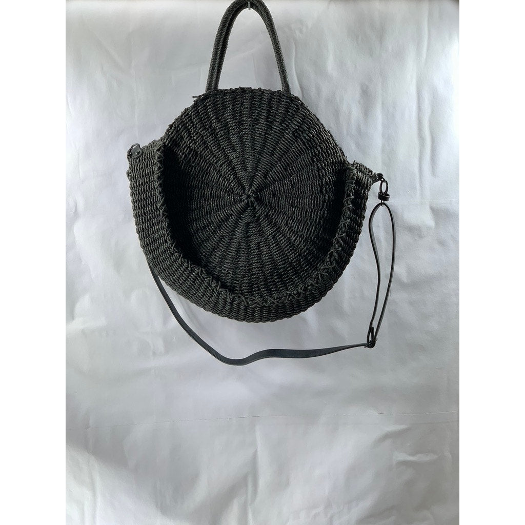 ABERCROMBIE & FITCH Women's Black Straw Woven Round Snap-Button Tote Bag